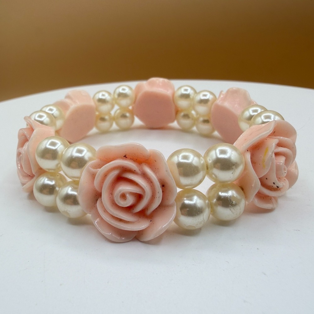 Pink Rose Faux Pearl Double Strand Stretch Bracelet Coquette Romantic Vintage